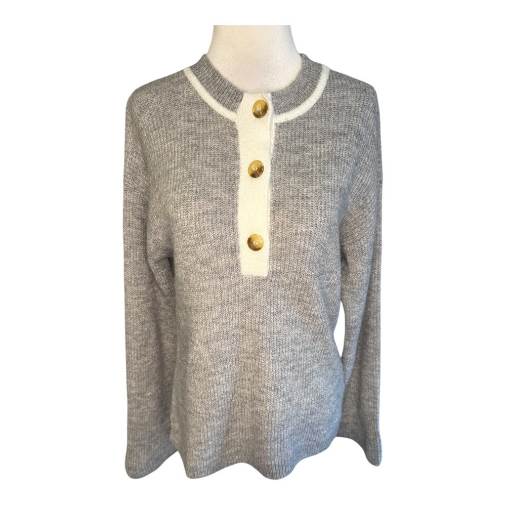 ASOS DESIGN Tall Grey Knit Button Neck Sweater with White‎ Trim US 2
